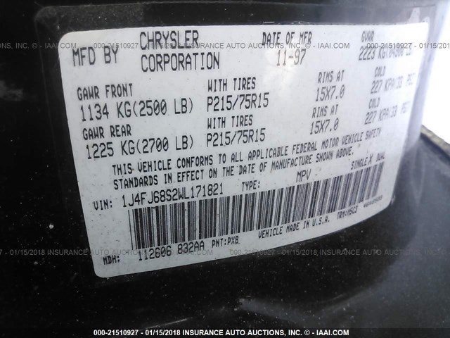 1J4FJ68S2WL171821 - 1998 JEEP CHEROKEE SPORT/CLASSIC შავი ფოტო 9