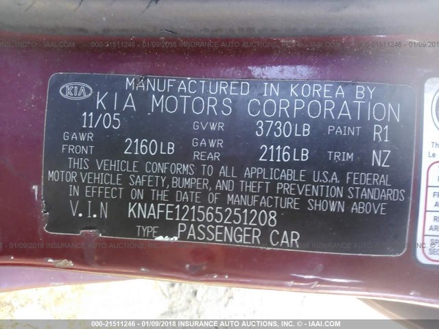 KNAFE121565251208 - 2006 KIA NEW SPECTRA LX/EX RED photo 9