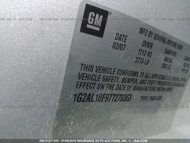 1G2AL18F977278363 - 2007 PONTIAC G5 SILVER photo 9