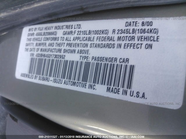 4S3BH645317302952 - 2001 SUBARU LEGACY GT GRAY photo 9