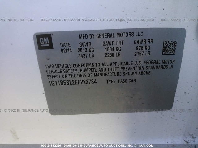 1G11B5SL2EF222734 - 2014 CHEVROLET MALIBU LS Ağ foto 9