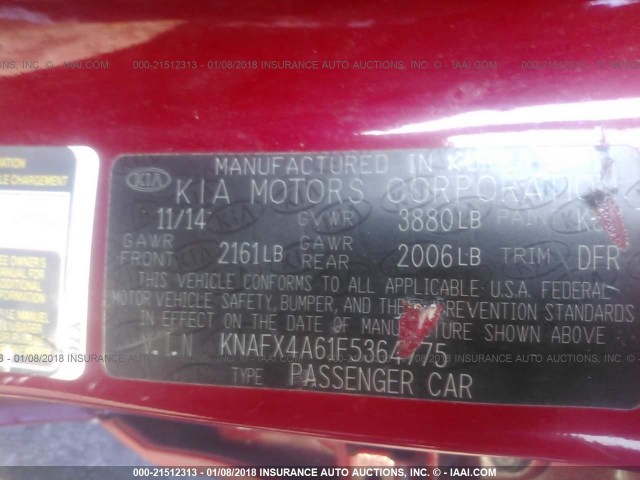 KNAFX4A61F5364775 - 2015 KIA FORTE LX RED photo 9