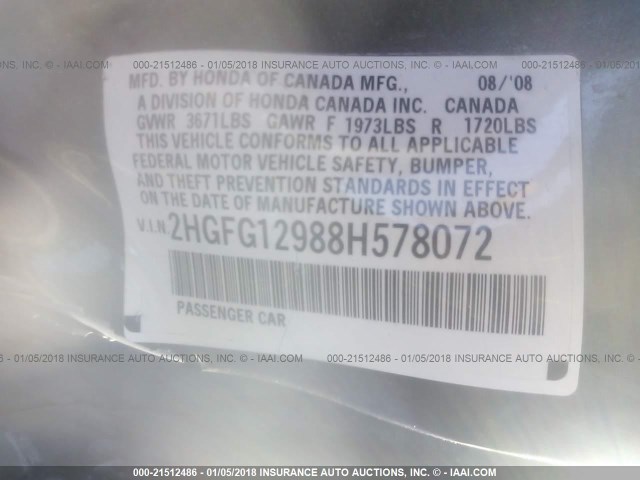 2HGFG12988H578072 - 2008 HONDA CIVIC EXL ნაცრისფერი ფოტო 9