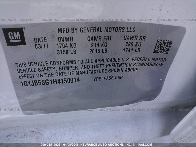 1G1JB5SG1H4150914 - 2017 CHEVROLET SONIC LS 白色 照片 9