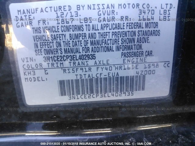 3N1CE2CP3EL402935 - 2014 NISSAN VERSA NOTE S/S PLUS/SV/SL BLACK photo 9