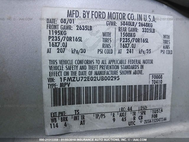 1FMZU72E02UB00295 - 2002 FORD EXPLORER XLS SILVER photo 9