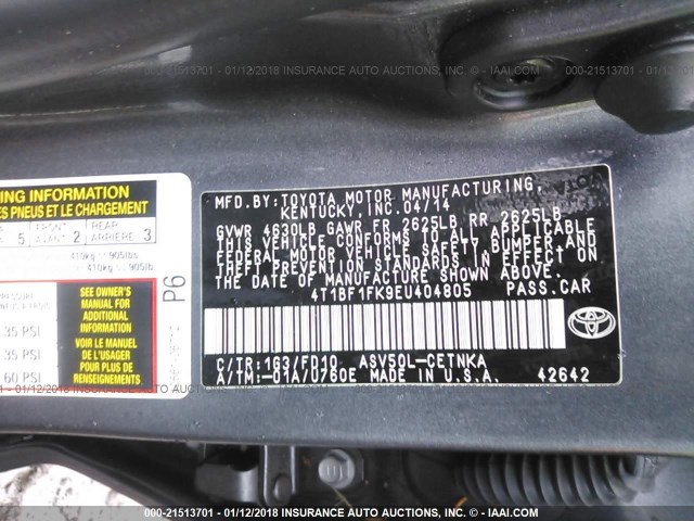 4T1BF1FK9EU404805 - 2014 TOYOTA CAMRY L/SE/LE/XLE GRAY photo 9