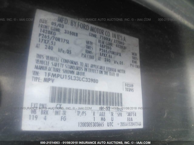 1FMPU15L33LC33980 - 2003 FORD EXPEDITION XLT GRAY photo 9