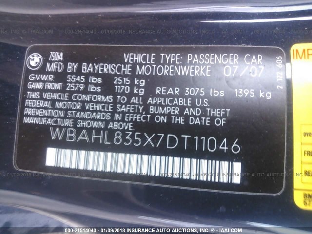 WBAHL835X7DT11046 - 2007 BMW 750 I BLUE photo 9