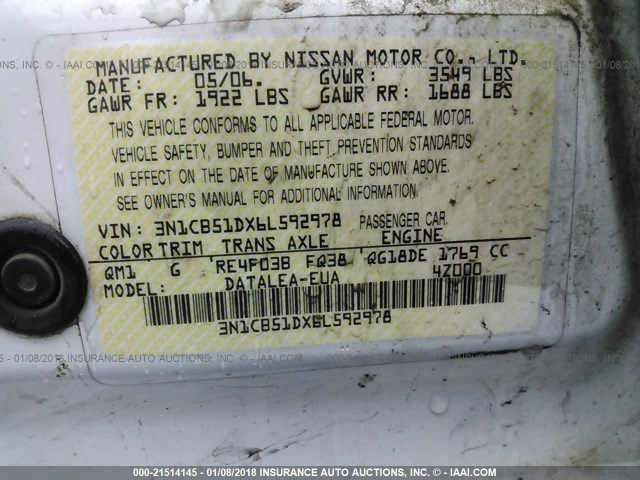 3N1CB51DX6L592978 - 2006 NISSAN SENTRA 1.8/1.8S WHITE photo 9