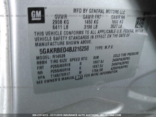 5GAKRBED4BJ216258 - 2011 BUICK ENCLAVE CXL SILVER photo 9