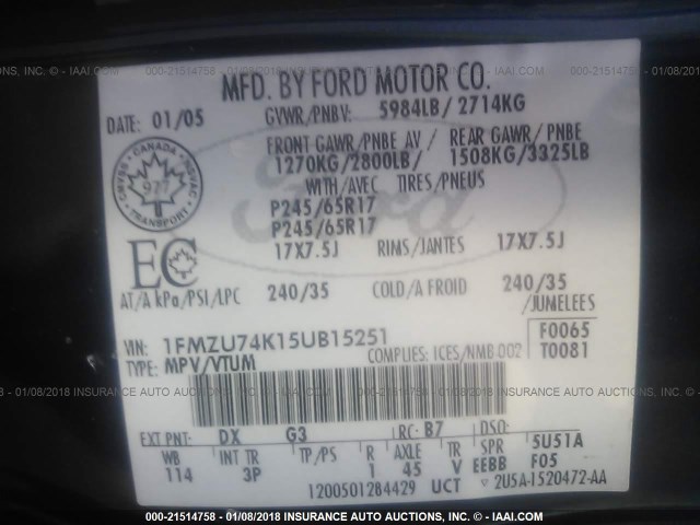 1FMZU74K15UB15251 - 2005 FORD EXPLORER EDDIE BAUER BLUE photo 9