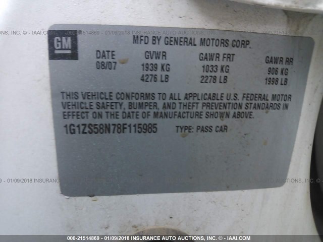 1G1ZS58N78F115985 - 2008 CHEVROLET MALIBU LS თეთრი ფოტო 9