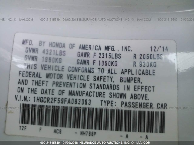 1HGCR2F59FA083093 - 2015 HONDA ACCORD SPORT 白色 照片 9
