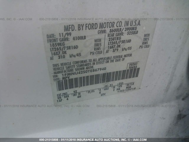 1FMNU42S0YEB67940 - 2000 FORD EXCURSION LIMITED WHITE photo 9