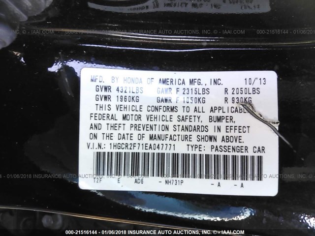 1HGCR2F71EA047771 - 2014 HONDA ACCORD EX BLACK photo 9