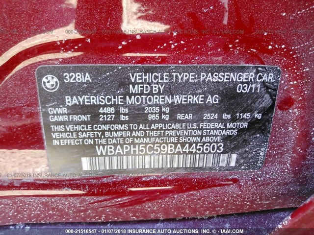 WBAPH5C59BA445603 - 2011 BMW 328 I SULEV RED photo 9