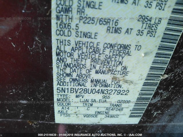 5N1BV28U04N327922 - 2004 NISSAN QUEST S/SE/SL RED photo 9