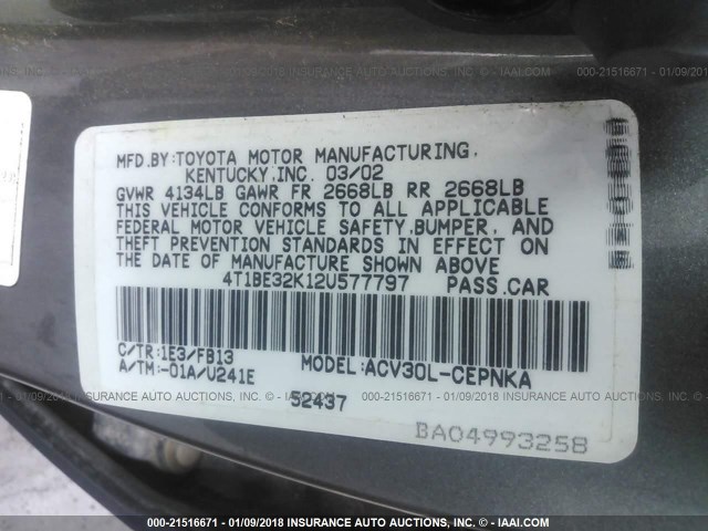 4T1BE32K12U577797 - 2002 TOYOTA CAMRY LE/XLE/SE SILVER photo 9
