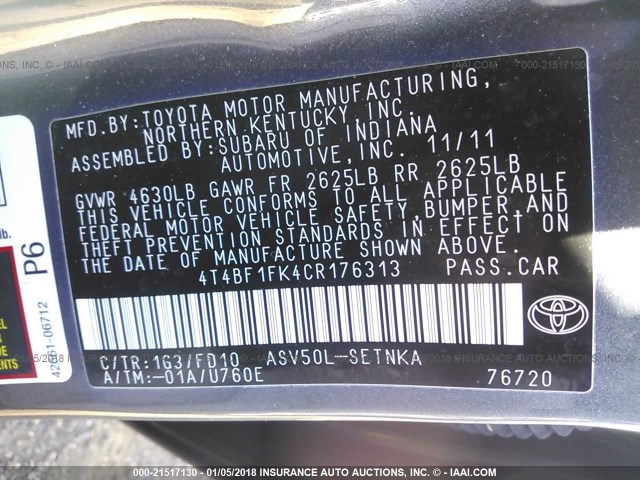 4T4BF1FK4CR176313 - 2012 TOYOTA CAMRY SE/LE/XLE GRAY photo 9