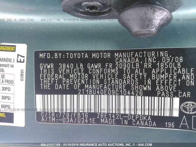 2T1BU40E09C104426 - 2009 TOYOTA COROLLA S/LE/XLE GREEN photo 9