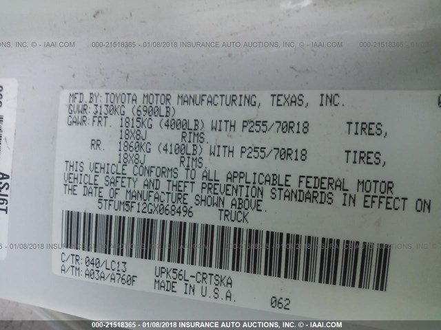 5TFUM5F12GX068496 - 2016 TOYOTA TUNDRA DOUBLE CAB SR/SR5 WHITE photo 9