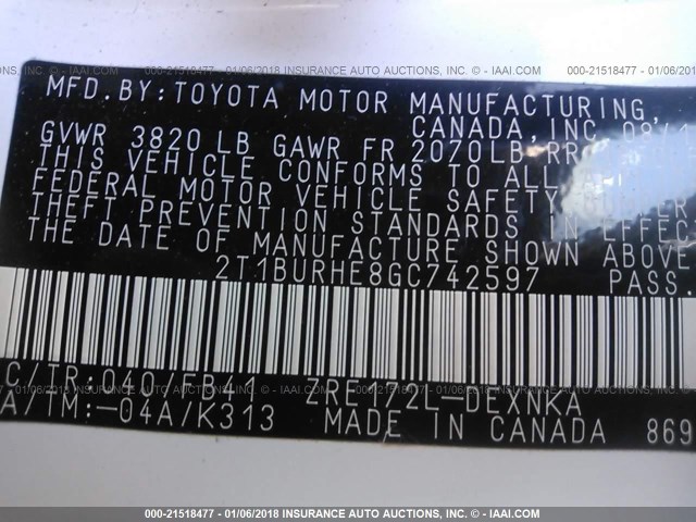 2T1BURHE8GC742597 - 2016 TOYOTA COROLLA L/LE/LE PLS/PRM/S/S PLS WHITE photo 9