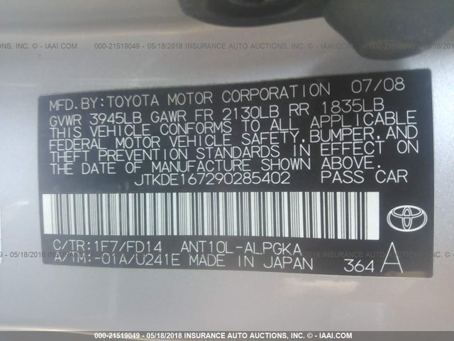 JTKDE167290285402 - 2009 TOYOTA SCION TC SILVER photo 9