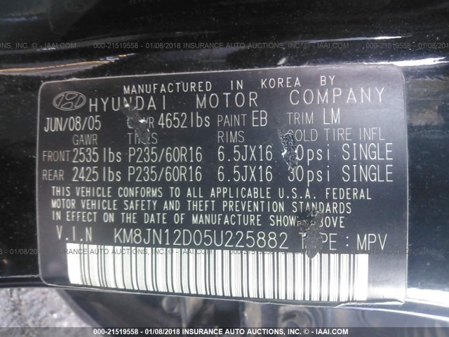 KM8JN12D05U225882 - 2005 HYUNDAI TUCSON GLS/LX BLACK photo 9