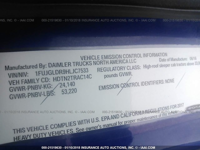 1FUJGLDR9HLJC7533 - 2017 FREIGHTLINER CASCADIA 125  BLUE photo 10