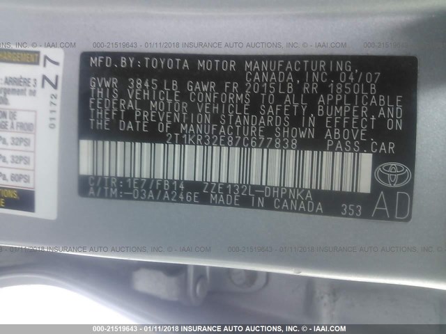 2T1KR32E87C677838 - 2007 TOYOTA COROLLA MATRIX XR SILVER photo 9