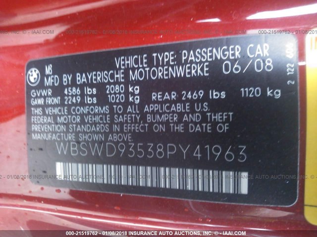 WBSWD93538PY41963 - 2008 BMW M3 RED photo 9