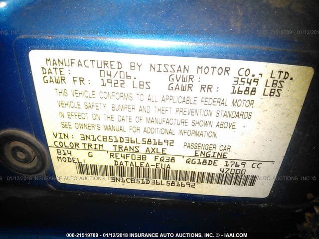 3N1CB51D36L581692 - 2006 NISSAN SENTRA 1.8/1.8S BLUE photo 9