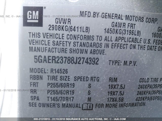 5GAER23788J274392 - 2008 BUICK ENCLAVE CXL 金色 照片 9