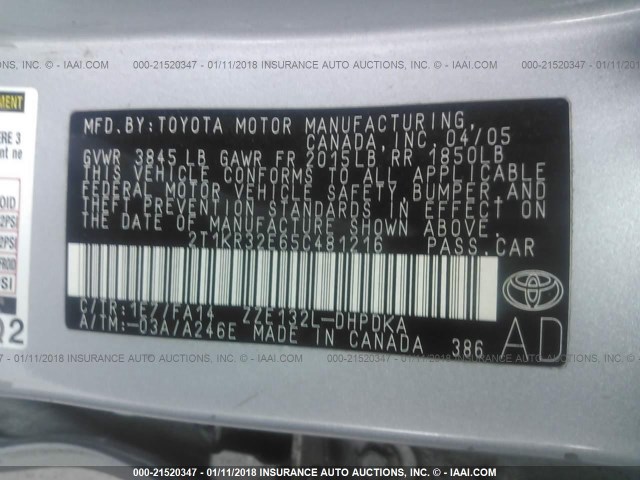 2T1KR32E65C481216 - 2005 TOYOTA COROLLA MATRIX XR SILVER photo 9