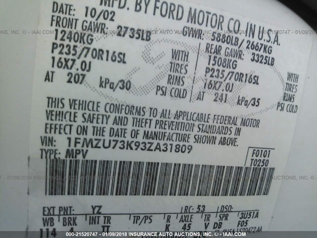 1FMZU73K93ZA31809 - 2003 FORD EXPLORER XLT/XLT SPORT/NBX WHITE photo 9