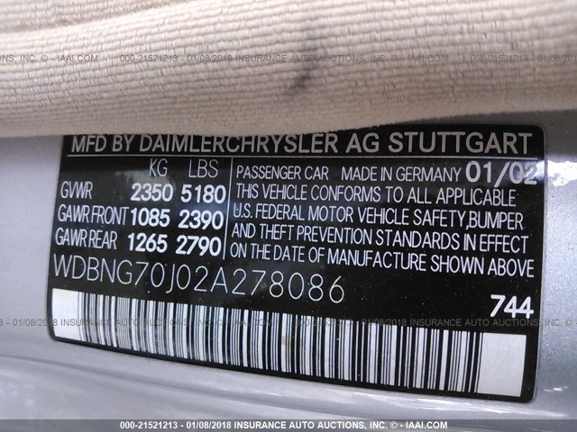 WDBNG70J02A278086 - 2002 MERCEDES-BENZ S 430 SILVER photo 9
