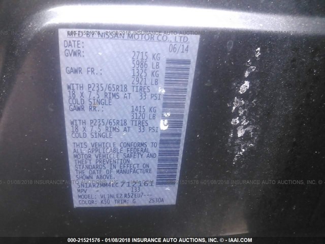 5N1AR2MM4EC712161 - 2014 NISSAN PATHFINDER S/SV/SL/PLATINUM GRAY photo 9