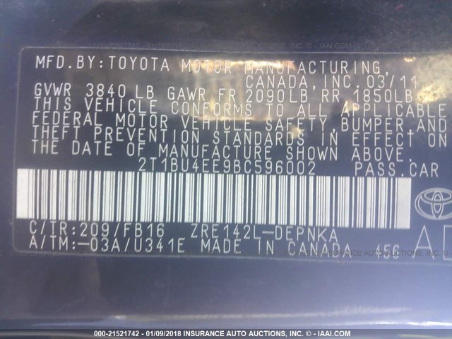 2T1BU4EE9BC596002 - 2011 TOYOTA COROLLA S/LE BLACK photo 9