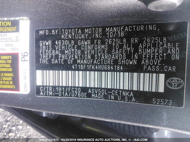4T1BF1FK4HU684184 - 2017 TOYOTA CAMRY LE/XLE/SE/XSE GRAY photo 9