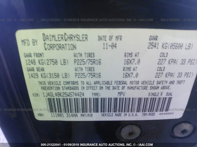 1J4GL48K25W574424 - 2005 JEEP LIBERTY SPORT 黑色 照片 9