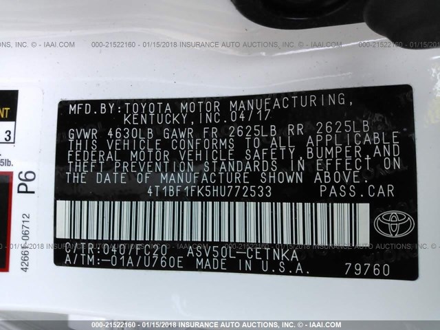 4T1BF1FK5HU772533 - 2017 TOYOTA CAMRY LE/XLE/SE/XSE WHITE photo 9