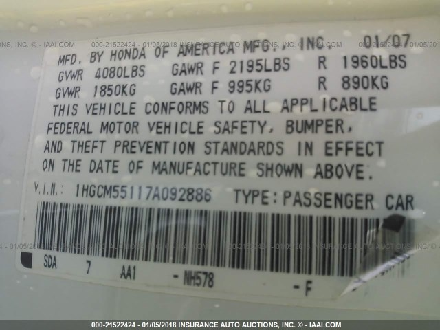 1HGCM55117A092886 - 2007 HONDA ACCORD VALUE WHITE photo 9