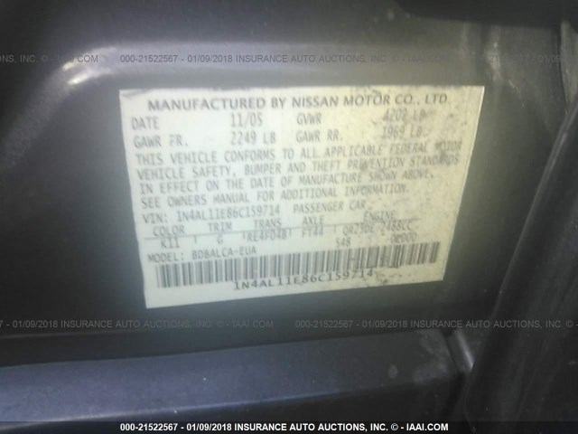 1N4AL11E86C159714 - 2006 NISSAN ALTIMA S/SL GRAY photo 9