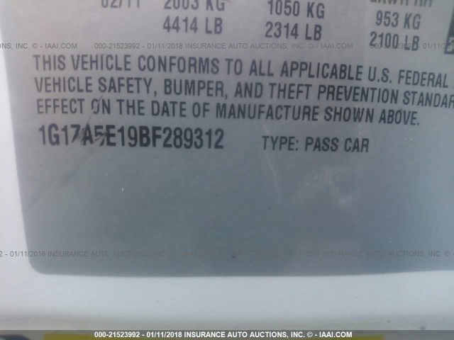 1G1ZA5E19BF289312 - 2011 CHEVROLET MALIBU LS თეთრი ფოტო 9