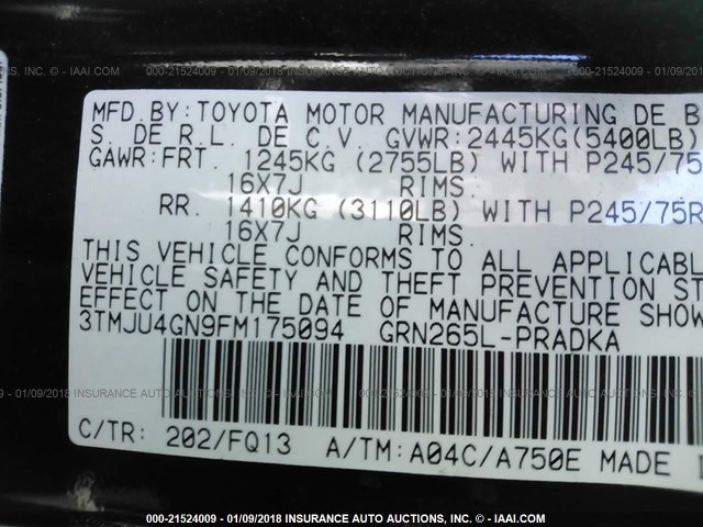 3TMJU4GN9FM175094 - 2015 TOYOTA TACOMA DOUBLE CAB PRERUNNER BLACK photo 9