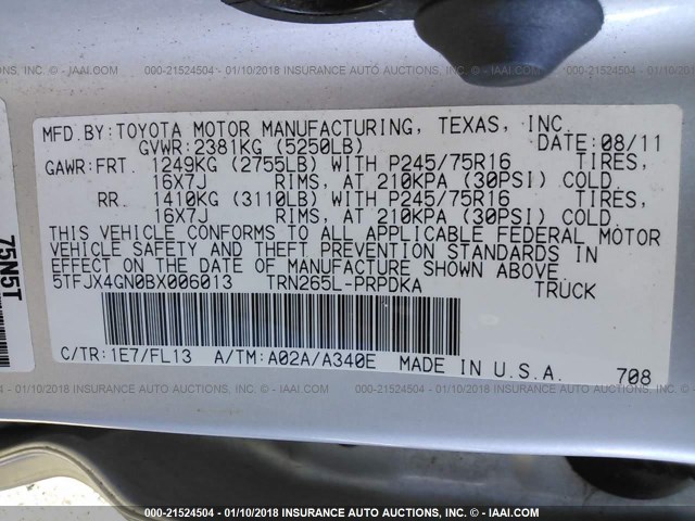 5TFJX4GN0BX006013 - 2011 TOYOTA TACOMA DOUBLE CAB 银色 照片 9