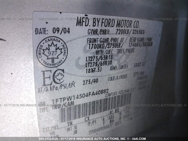 1FTPW14504FA40882 - 2004 FORD F150 SUPERCREW SILVER photo 9