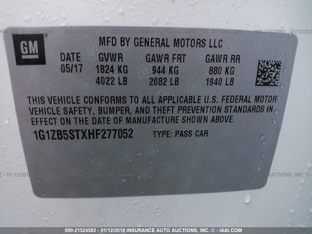 1G1ZB5STXHF277052 - 2017 CHEVROLET MALIBU LS 白色 照片 9