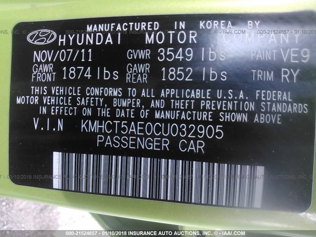 KMHCT5AE0CU032905 - 2012 HYUNDAI ACCENT GLS/GS GREEN photo 9